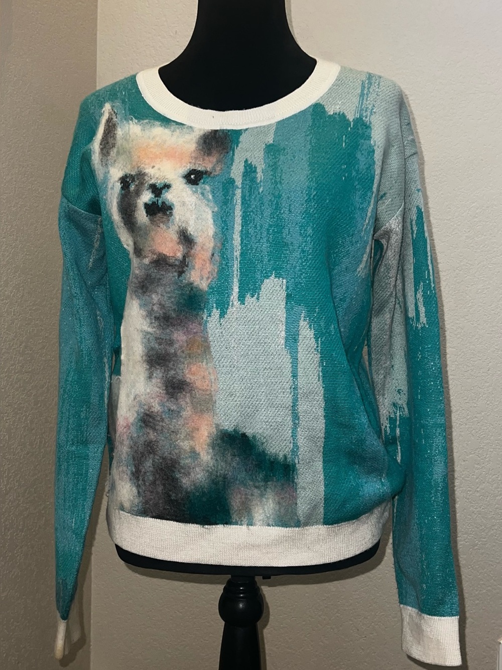 Anthropologie Teal & White Crewneck Sweater with Llama Motif